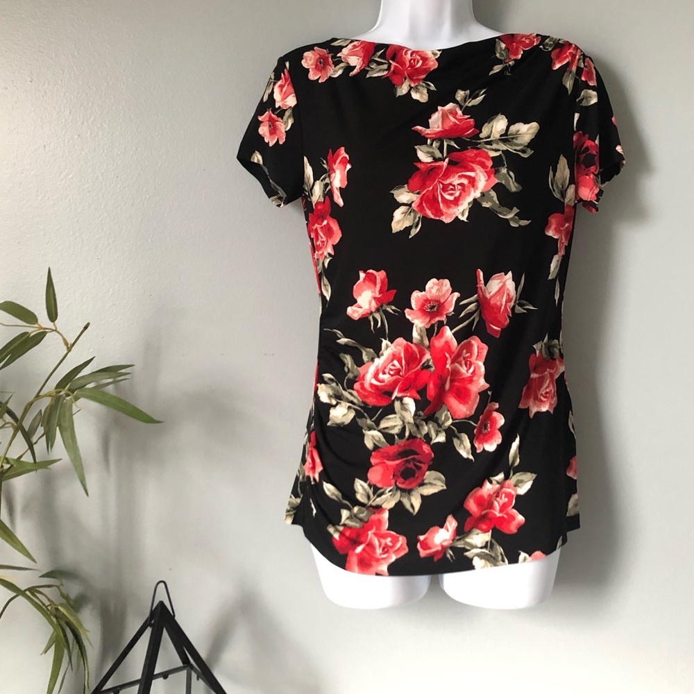 White House Black Market Red Rose Black Shirt NWT